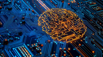 Poster - Brain made of glowing connections on blue background, artificial intelligence concept design with neural network and big data technology