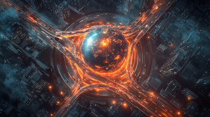 Fototapete - Aerial view of earth globe surrounded by multiple highways, traffic lights glowing at night in city centers concept for global business technology and digital connectivity