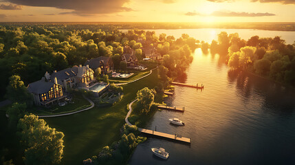 Fototapete - Aerial view of lake minnetonka, in the neighborhood, lakeside homes with dock and boats, trees, grassy fields, sunset