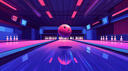 Aufkleber - Bright cartoon of a bowling ball in a bowling alley smashing pins