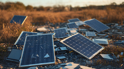 Wall Mural - broken solar panels lying on the ground in a field, highlighting the issue of electronic waste and t