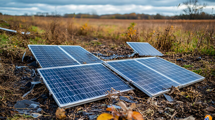Wall Mural - broken solar panels lying on the ground in a field, highlighting the issue of electronic waste and t