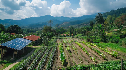 Wall Mural - Agrivoltaics, a sustainable farming innovation, integrates solar panels with crops, allowing for simultaneous agricultural production and renewable energy generation on the same land