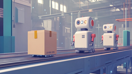 Aufkleber - Ai robots working with cardboard boxes on conveyor belt rollers or production line, automated industrial factory manufacture