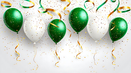 Poster - Celebration background with green and white balloons, golden ribbons, and confetti on a light grey background