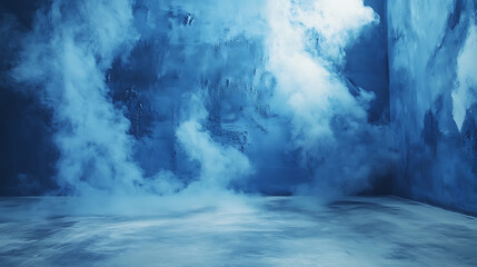 Fototapete - An empty dark blue abstract cement wall and studio room with smoke floating up the interior texture for displaying products