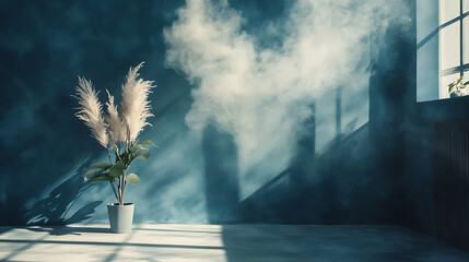Fototapete - An empty dark blue abstract cement wall and studio room with smoke floating up the interior texture for displaying products