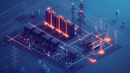 Aufkleber - An isometric schematic view of an electrical substation, power distribution, 3d illustration