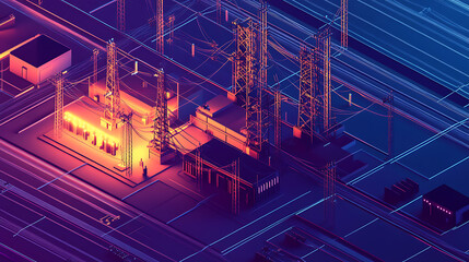 Aufkleber - An isometric schematic view of an electrical substation, power distribution, 3d illustration