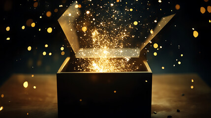 Poster - An open black box emitting a burst of glowing golden sparks and light, symbolizing mystery, magic, and surprise, perfect for a black friday shopping concept