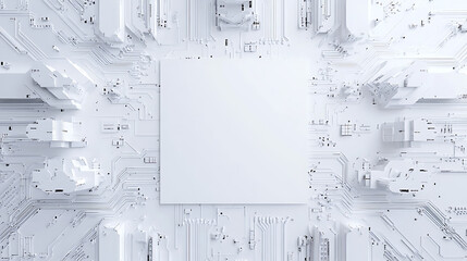 Poster - Circuit board pattern with white empty space in the center white background digital art style with circuit lines and chips on a clean white backdrop
