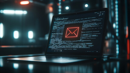 Leinwandbilder - An open laptop with an envelope icon on the screen email advertisement