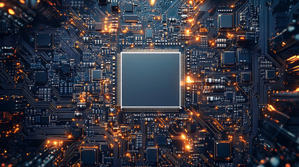 Fototapete - Circuit board pattern with white empty space in the center white background digital art style with circuit lines and chips on a clean white backdrop