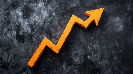 Aufkleber - An orange arrow pointing upwards on a black background going up in the shape of an upward graph
