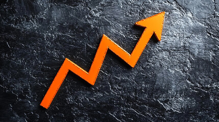 Aufkleber - An orange arrow pointing upwards on a black background going up in the shape of an upward graph