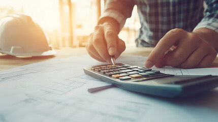 Poster - Architect is calculating construction costs using a calculator, with blueprints and a hardhat nearby