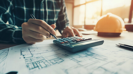 Aufkleber - Architect is calculating construction costs using a calculator, with blueprints and a hardhat nearby