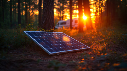 Wall Mural - close-up of a portable solar panel on the forest floor, providing sustainable energy for a recreatio