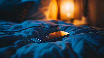 Poster - Close-up of a smartphone charging on a bed at night, creating a calm and cozy atmosphere