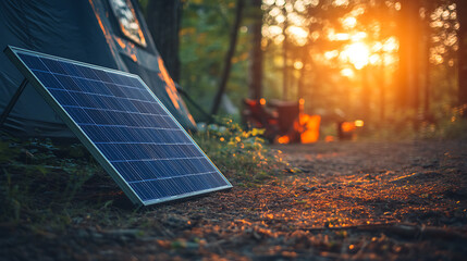 Wall Mural - close-up of a portable solar panel on the forest floor, providing sustainable energy for a recreatio