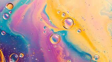 Fototapete - Close-up of yellow oil bubbles on a liquid surface, vibrant color background, concept of science and chemistry