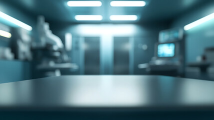 Close up of empty table with blurred surgeon operating room background