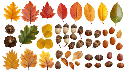 Poster - Assorted autumn leaves and acorns arranged on a white background, vibrant fall foliage pattern, isolated on white