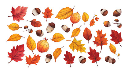 Poster - Assorted autumn leaves and acorns arranged on a white background, vibrant fall foliage pattern, isolated on white