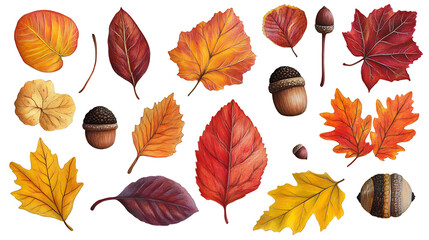 Poster - Assorted autumn leaves and acorns arranged on a white background, vibrant fall foliage pattern, isolated on white