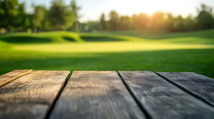 Poster - Close up of empty wooden table with blurred pharmacy shop background
