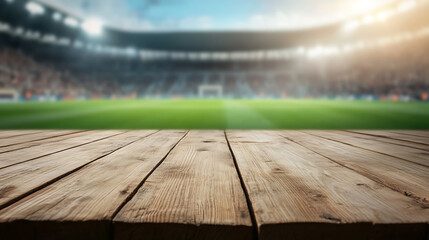 Poster - Close up of empty wooden table with blurred pharmacy shop background