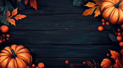 Poster - Autumn background with pumpkins, berries and leaves on dark rustic wooden background