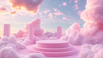 Poster - Background podium pink 3d product sky platform display cloud pastel scene render stand, pink podium stage minimal abstract background
