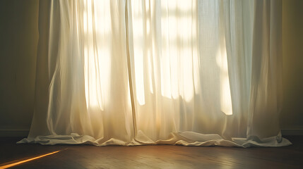 Poster - Backlit window with white curtains in empty room, abstract interior