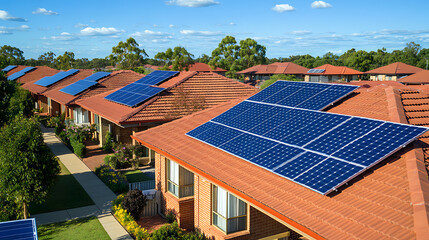 Wall Mural - closeup of solar panels on rooftops catching the morning light