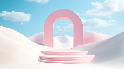 Aufkleber - 3d render, abstract surreal pastel landscape background with arches and podium for showing product, panoramic view, colorful dune scene with copy space, blue sky and cloudy, minimalist decor design