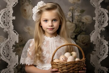 Wall Mural - Little girl with basket of easter eggs on the vintage background.