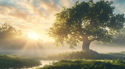 Wall Mural - A beautiful green tree in the meadow near the river at sunrise with misty fog in the background a nature landscape with an old big oak tree, sunlight and sun rays