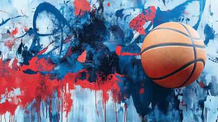 Poster - A basketball banner with a navy blue and red color scheme a basketball ball is on the right side with a graffiti effect in the background