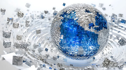 Aufkleber - A blue and silver digital globe on a white background, surrounded by many small cube icons representing global network connections