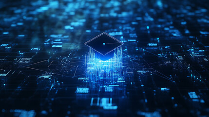 Aufkleber - A blue digital mesh representing the network of interconnected nodes, with an illuminated graduation cap floating above it