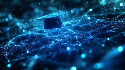Poster - A blue digital mesh representing the network of interconnected nodes, with an illuminated graduation cap floating above it