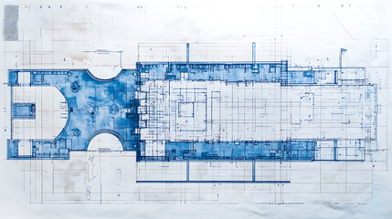 Aufkleber - A blueprint of an office building shows the structure's interior layout and exterior design through lines and a grid the white background creates contrast against blue architectural