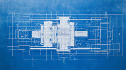 Aufkleber - A blueprint of an office building shows the structure's interior layout and exterior design through lines and a grid the white background creates contrast against blue architectural