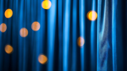 Poster - A blurred background of blue curtains with golden bokeh lights, creating an elegant and magical atmosphere for special events or corporate brand inspiration