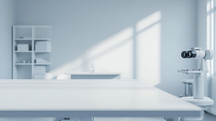 Aufkleber - A close up of a empty table with white ophthalmological clinic room background