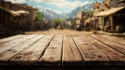 Aufkleber - A close up of a rustic empty wooden table with blurred barbershop background