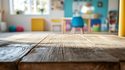 Poster - A close up of a rustic empty wooden table with blurred barbershop background