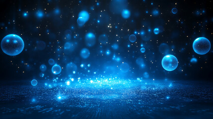 Poster - A digital blue abstract landscape with glowing particles over a dark background, illustrating a technology concept
