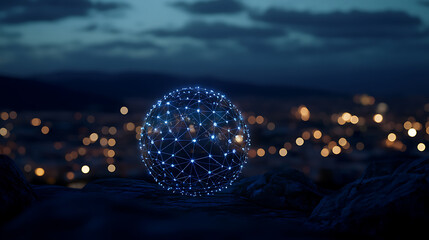 Poster - A digital globe with connecting dots and lines representing global connectivity, against the backdrop of a nighttime cityscape